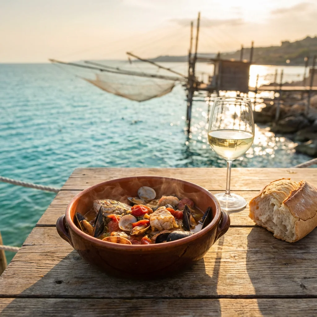 Traditional brodetto alla vastese seafood stew served on a trabocco fishing platform overlooking the Adriatic Sea in Vasto, Italy